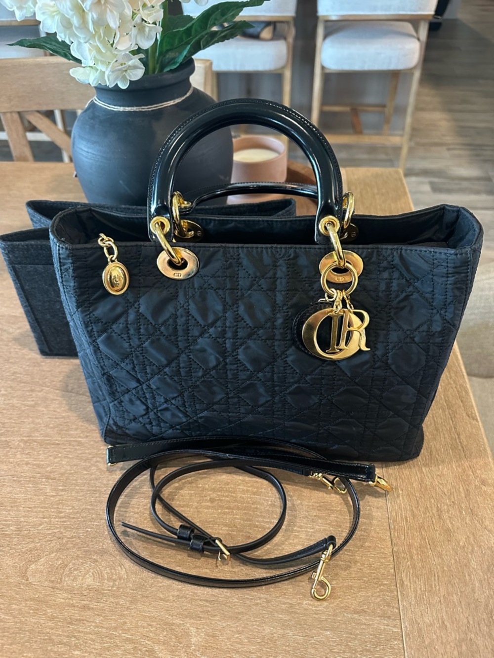 Dior Black Vintage Quilted Tote with Gold Hardware and Charms